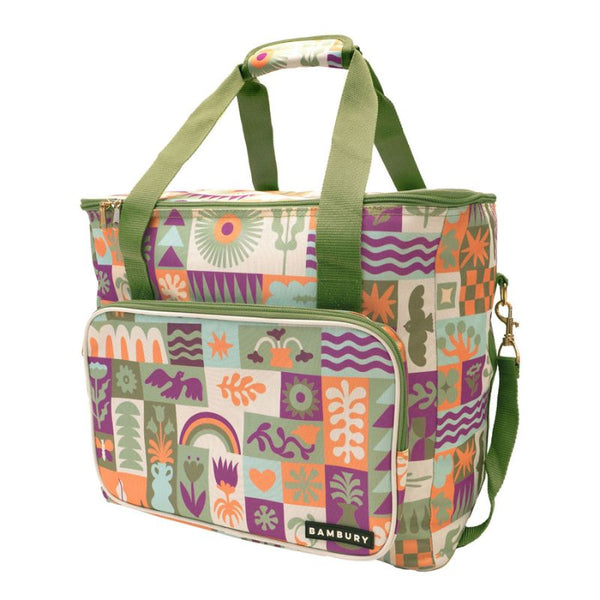 Bambury Zippora Large Cooler Bag with retro floral patchwork print and green straps.