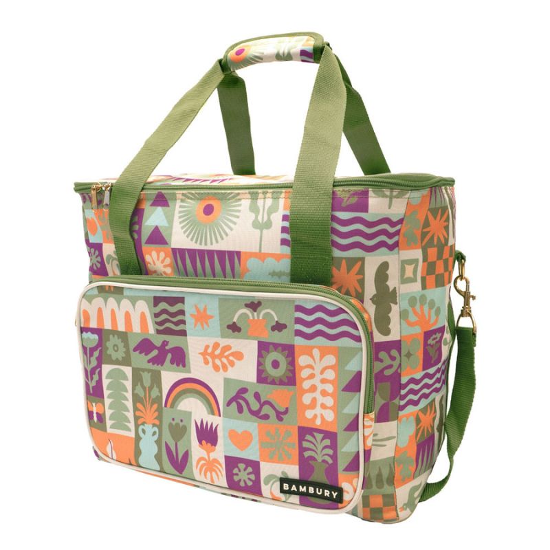 Bambury Zippora Large Cooler Bag with retro floral patchwork print and green straps.