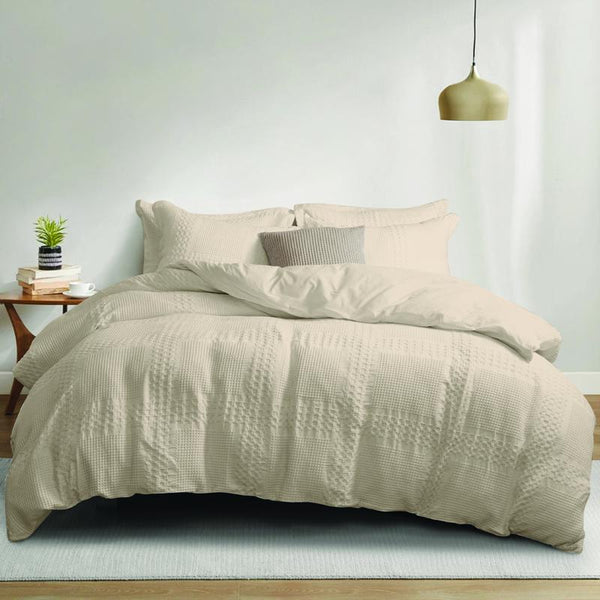 Relaxed bedroom look featuring Bas Phillips Berkshire Cotton Waffle Birch Quilt Cover Set.