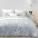 Relaxed modern bedroom look with blue jacquard quilt cover adding texture and softness.