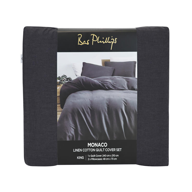 Bedroom featuring Bas Phillips Monaco Slate Quilt Cover and matching pillowcases.