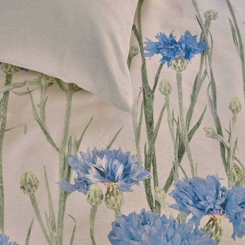 Bedding House Cornflower Sand Quilt Cover Set with blue floral design on neutral base.