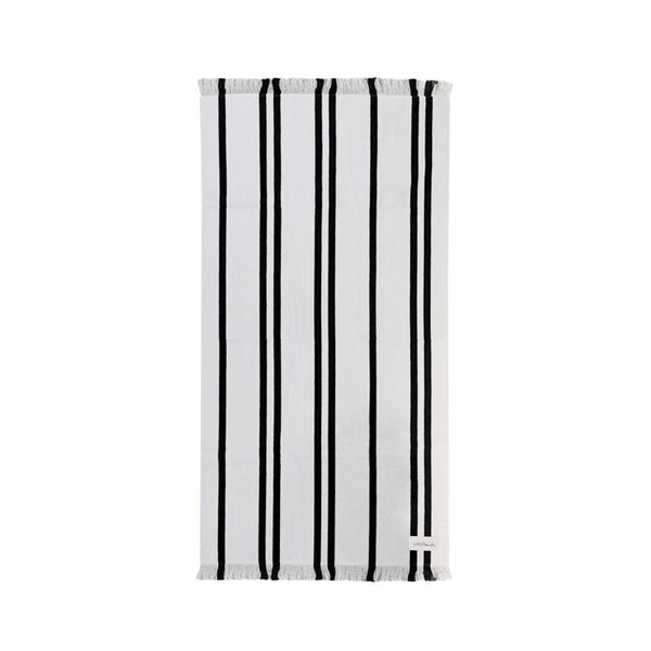 Lightweight striped cotton beach towel with fringed ends in black and cream