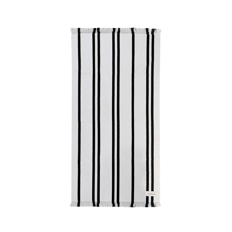 Lightweight striped cotton beach towel with fringed ends in black and cream
