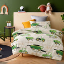 Kids quilt cover set featuring green tractors and harvesters.