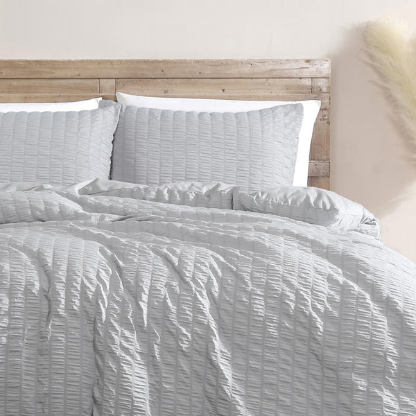 Silver seersucker quilt cover set adding modern simplicity to the bedroom.