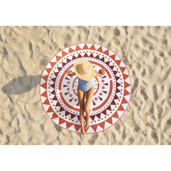 Reversible with two designs: a warm clay-toned leaf print and a bold geometric pattern.