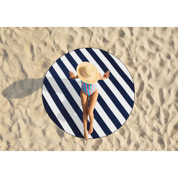 Reversible design with bold navy stripes on one side and a soft neutral leaf print on the other.