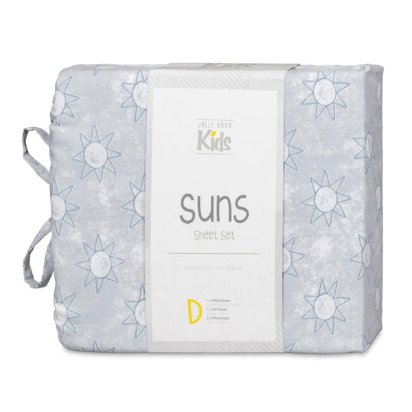 Close-up of playful blue sun print pattern on kids sheet set.
