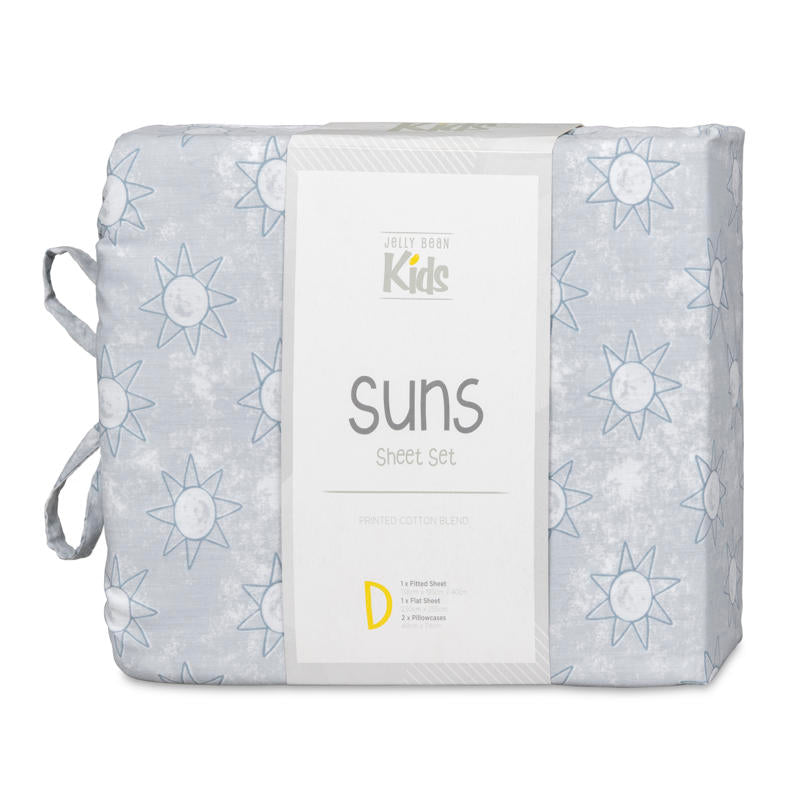 Close-up of playful blue sun print pattern on kids sheet set.