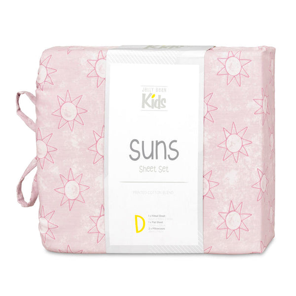 Close-up of playful pink sun print pattern on kids sheet set.