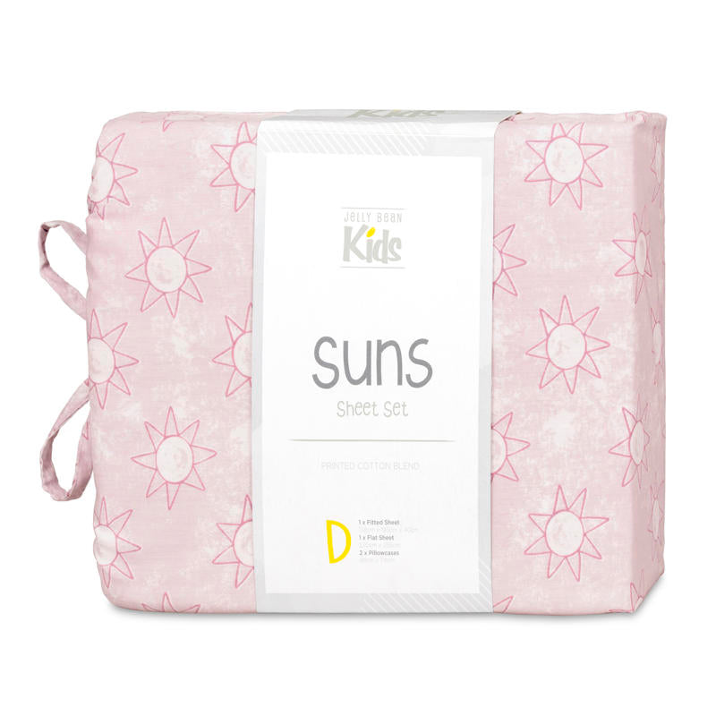 Close-up of playful pink sun print pattern on kids sheet set.