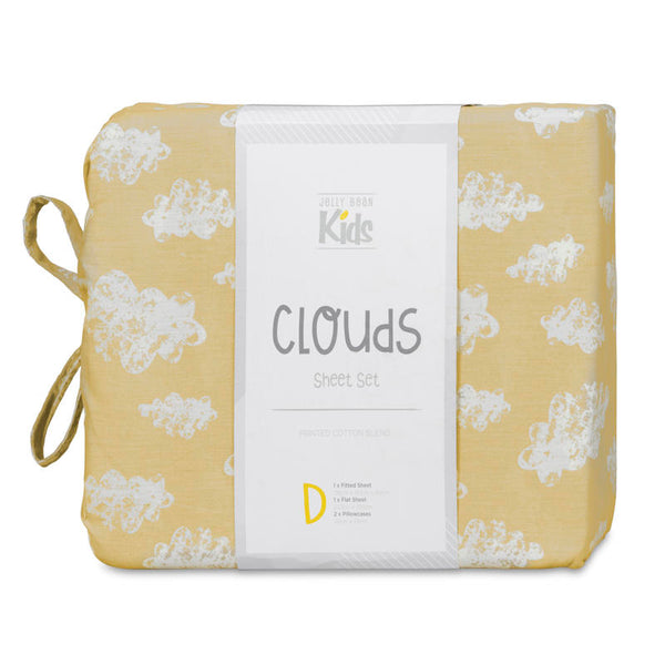 Close-up of white cloud pattern on yellow kids sheet set.