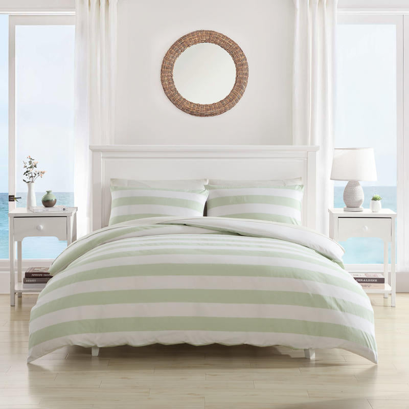 Coastal-inspired bedroom featuring Tommy Bahama Awning Stripe Sage bedding.