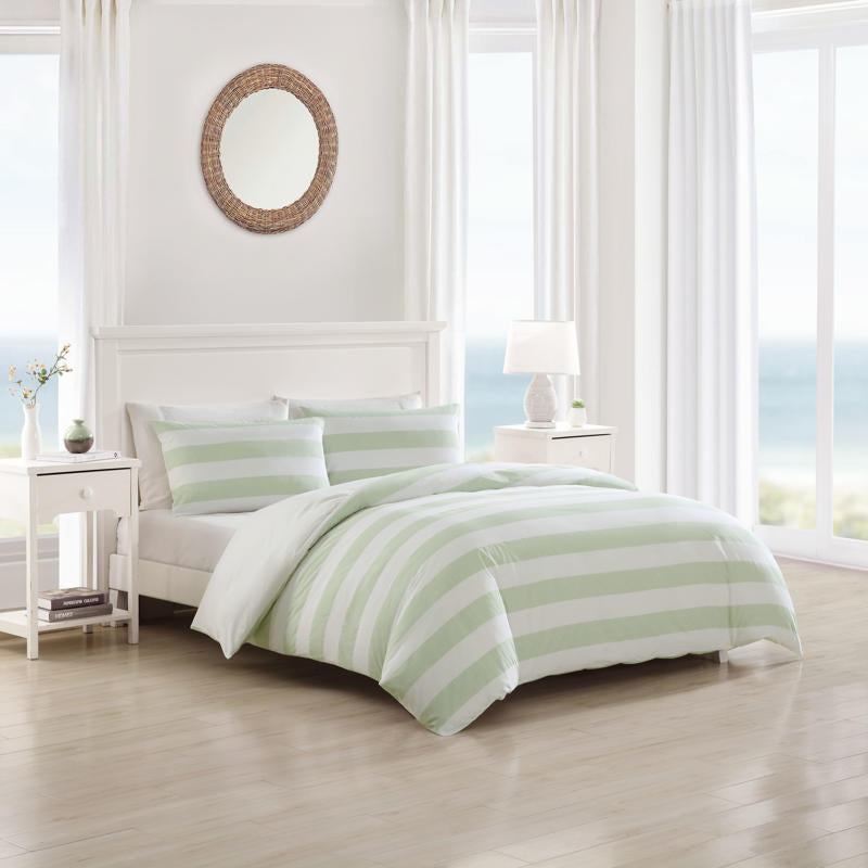 Coastal-inspired bedroom featuring Tommy Bahama Awning Stripe Sage bedding.