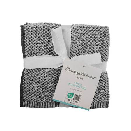Close-up of soft textured Tommy Bahama Washed Pebble Face Washers in white ribbon.