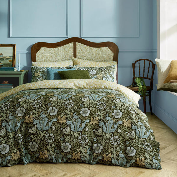 Bedroom styled with William Morris At Home Crompton Olive Green bedding and matching pillows