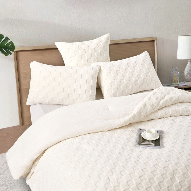 Morgan and Reid Checkered Cream Snuggle Fleece Comforter Set