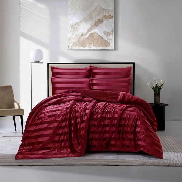 Morgan and Reid Cherry Red Velvet Stripe Snuggle Fleece Comforter Set