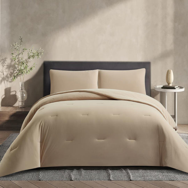 Lightweight doeskin cooling comforter with matching pillowcases.