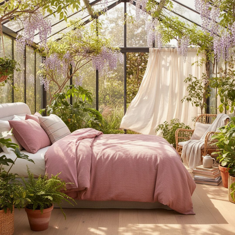 Bedroom with pink bedding, plants, and wisteria in a greenhouse setting.
