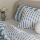 Striped blue and white pillows on a sofa with a vase of flowers in the background.