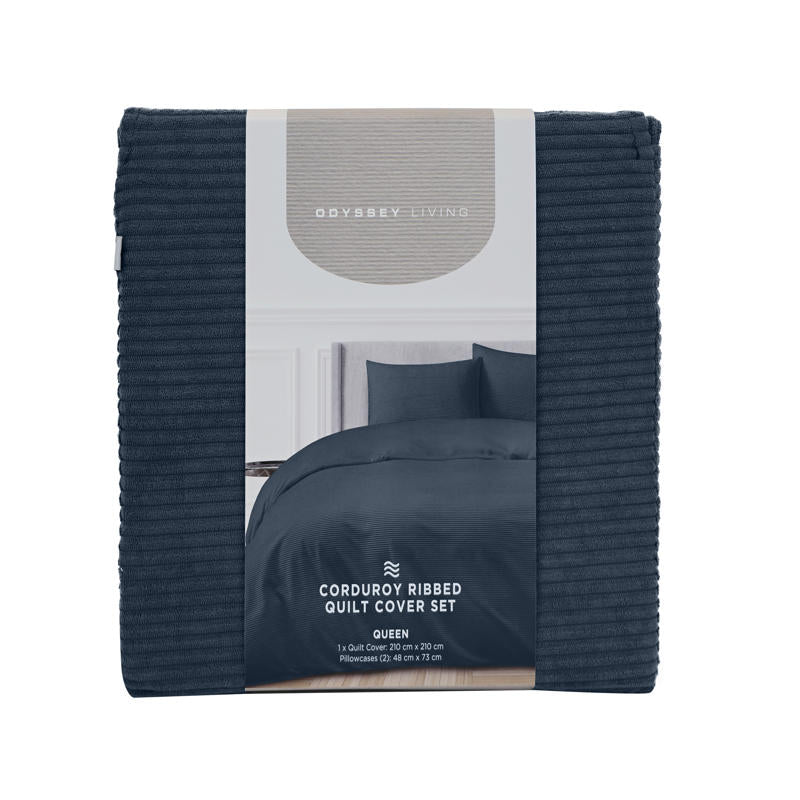 Close-up of Corduroy Ribbed Navy fabric showing soft ribbed detail.