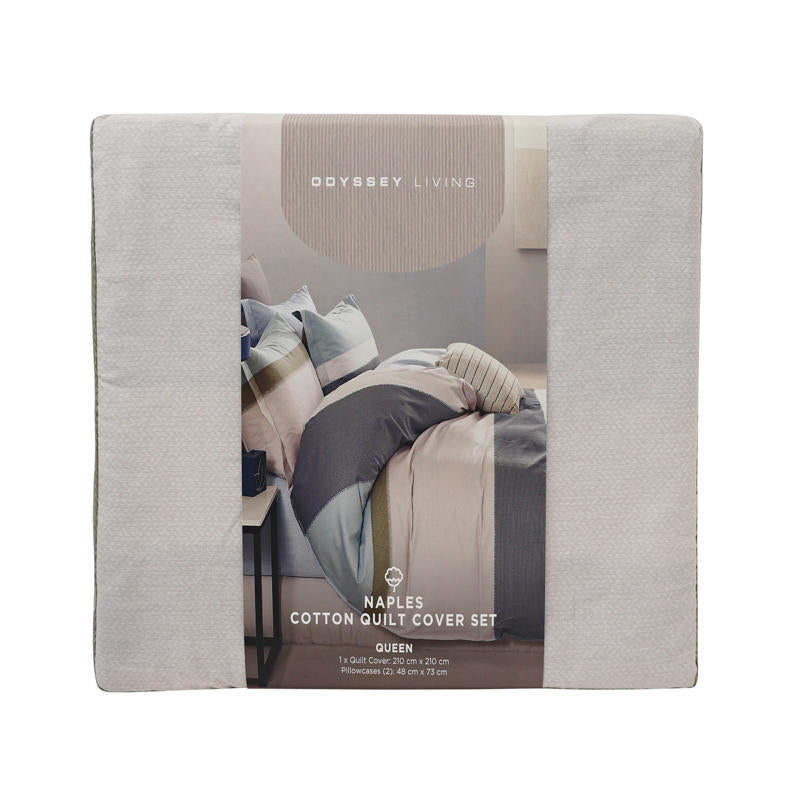 Bedroom featuring Odyssey Living Naples Cotton Quilt Cover Set in muted modern tones.