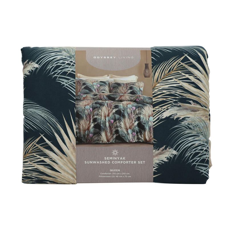 Seminyak Sunwashed Comforter Set in a warm-toned bedroom with woven pendant light.