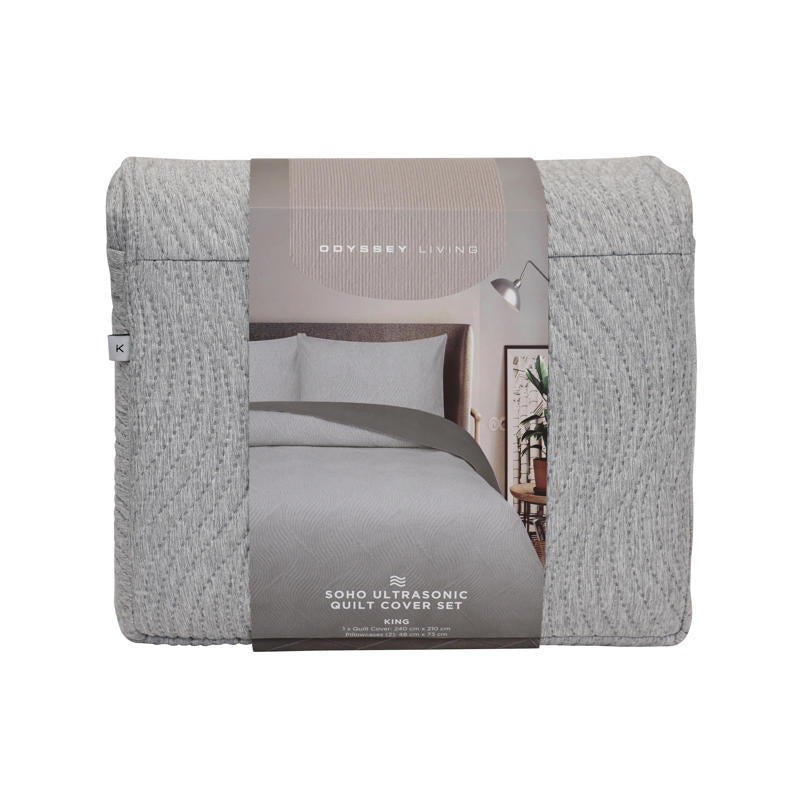 Modern bedroom featuring Odyssey Living Soho Silver Quilt Cover in cool grey tones.