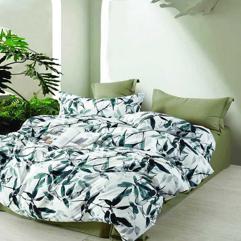 Bedroom featuring Odyssey Living Vietnam Cotton Quilt Cover Set with natural green tones.