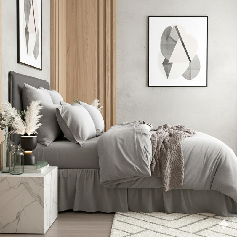 Styled bed featuring Renee Taylor Charcoal European Pillowcase with matching jersey bedding.