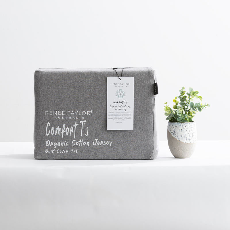 Renee Taylor Comfort T’s Organic Cotton Jersey Quilt Cover with matching pillowcases in Charcoal.
