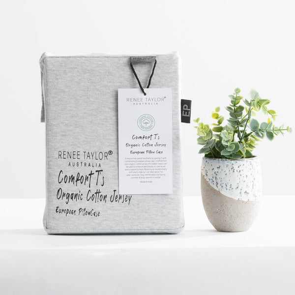 Styled bed featuring Renee Taylor Grey Marle European Pillowcase with matching jersey bedding.