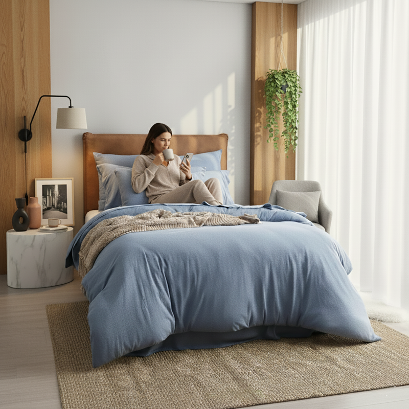 Styled bedroom featuring Renee Taylor Ink European Pillowcase on bed with matching jersey bedding.