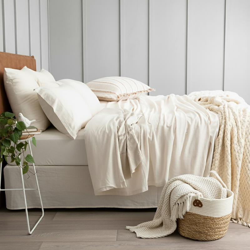 Oatmeal organic cotton jersey pillowcase set styled on a soft, neutral bed.