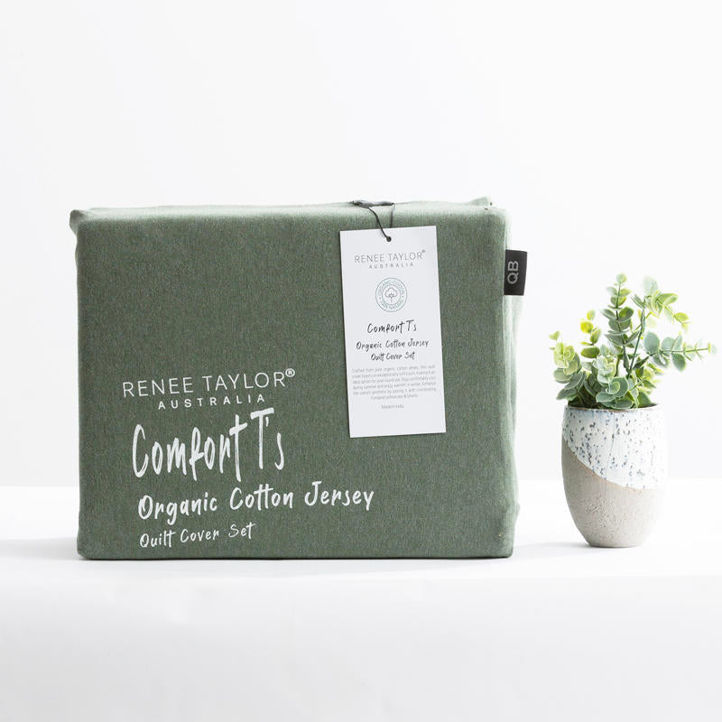 Bedroom styled with Renee Taylor Organic Cotton Jersey Quilt Cover in Olive.