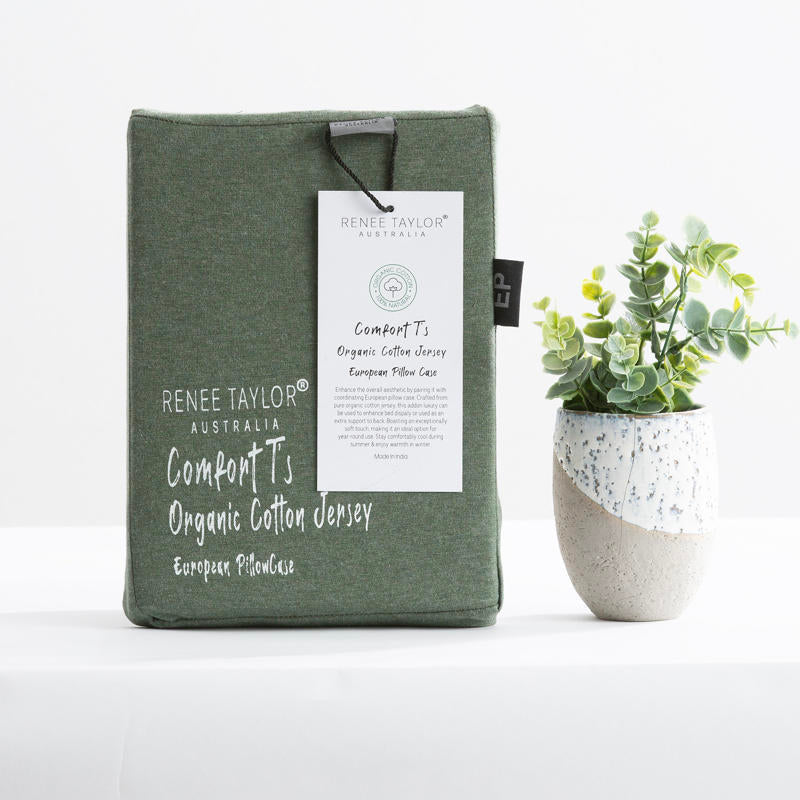 Bedroom styled with Renee Taylor Organic Cotton Jersey Quilt Cover in Olive.