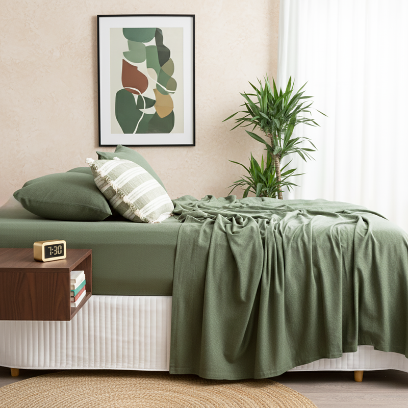 Olive organic cotton jersey pillowcase set styled on a warm-toned bed.