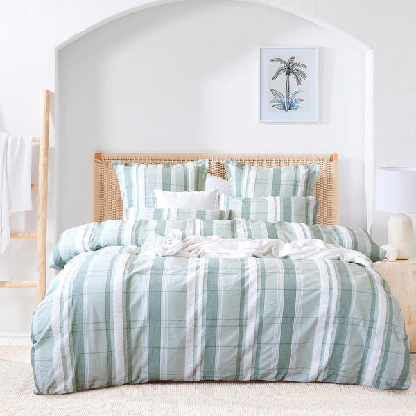 Full styled bedroom featuring Renee Taylor Syracuse Quilt Cover Set in soft green stripes.