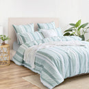 Full styled bedroom featuring Renee Taylor Syracuse Quilt Cover Set in soft green stripes.