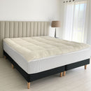 A modern bedroom features a light upholstered headboard, Sienna Living Luxury Hotel 1500GSM Reversible Mattress Topper, black bed base with wooden legs, a bedside table and lamp, with sunlight streaming through sheer curtains.