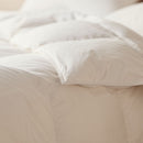 A neatly made bed with Sienna Living All Seasons 50% Duck Down 50% Duck Feather Quilt, white bedding and pillows sits by a black nightstand with a white lamp and two stacked books, set against a blue wall.