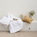 A modern bedroom with a neatly made bed featuring the Sienna Living Winter Hungarian Goose Down Quilt. Behind the bed is a blue accent wall, round mirror, simple decor, and wall sconces. A wooden bench with books sits at the foot of the bed.