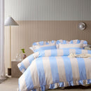 Vintage Design Candy Ruffle Blue Washed Cotton Quilt Cover Set styled on bed.