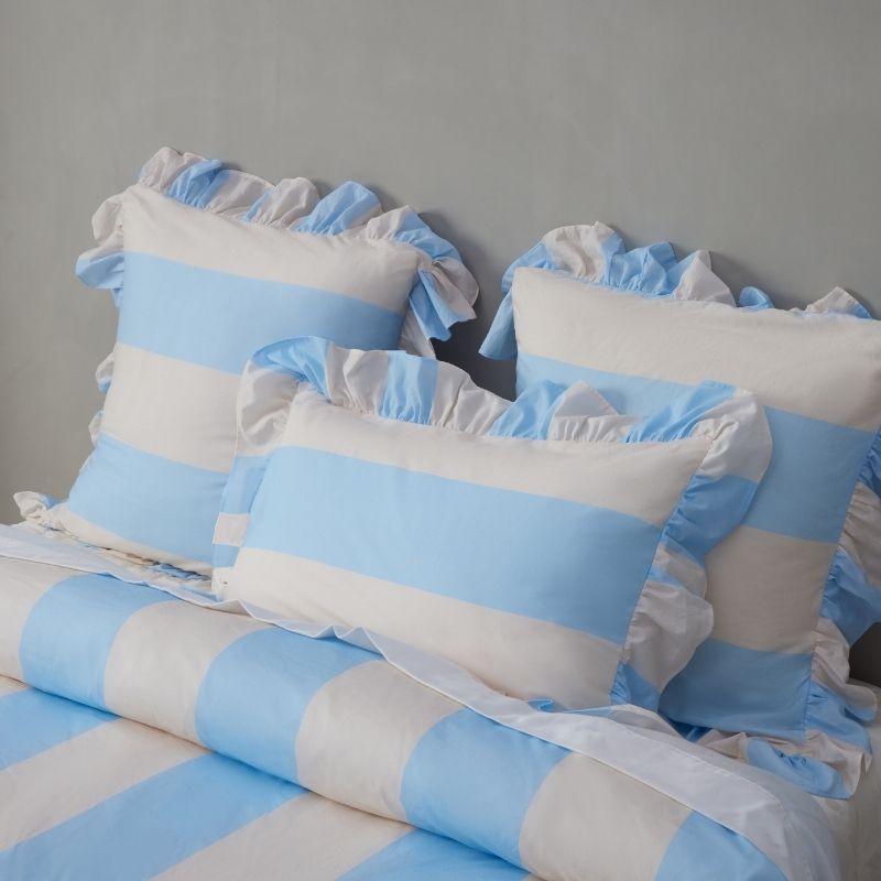 Vintage Design Candy Ruffle Blue Washed Cotton Quilt Cover Set styled on bed.