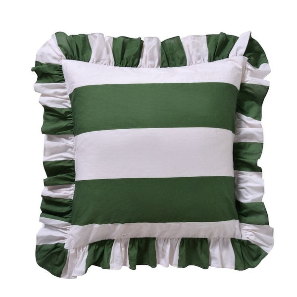 Close-up of Candy Ruffle Green Washed Cotton pillowcase fabric and edging.