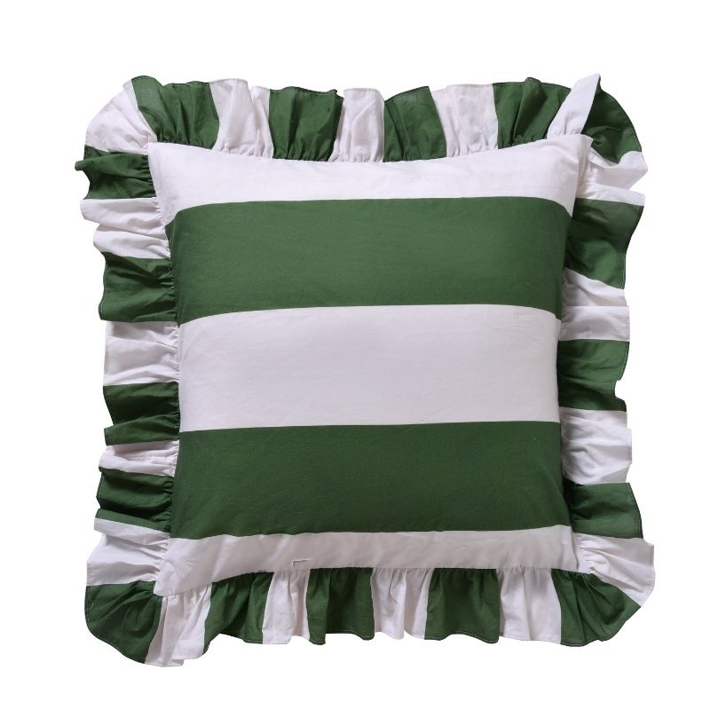 Close-up of Candy Ruffle Green Washed Cotton pillowcase fabric and edging.