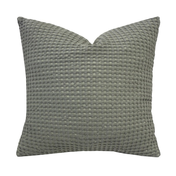 alt="Square cushion in two-tone sage waffle fabric"