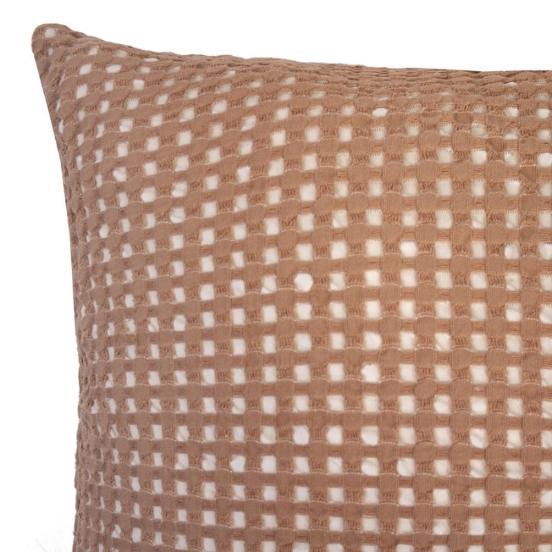 alt="Close-up view of a square cushion in two-tone light and dark brown waffle fabric"